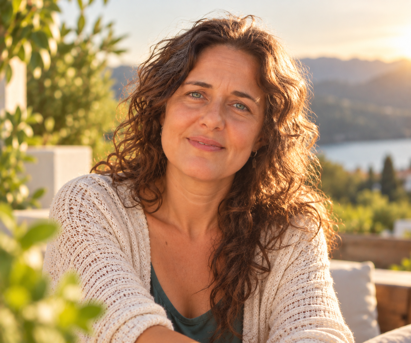 Cristina Gil Rigall al atardecer, en un paraje con montañas y mar de fondo